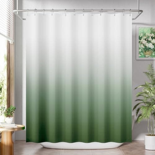 AmazerBath Fabric Shower Curtain Set, Ombre Grass Green Shower Curtain with 12 Shower Curtain Hooks, Rustic Cloth Green and White Shower Curtain, Cute Washable Bathroom Shower Curtain, 72x72 Inches