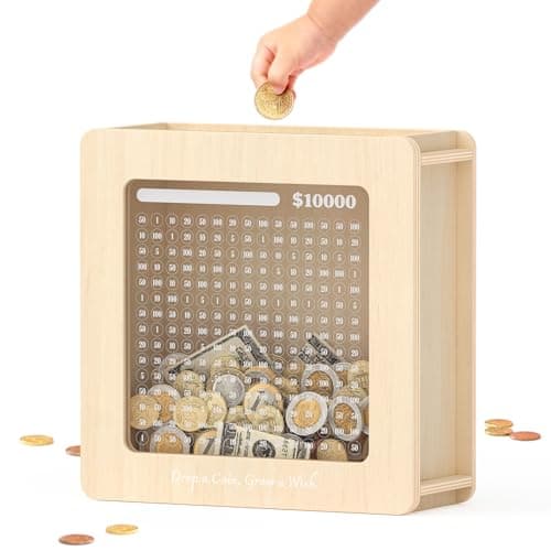 Wooden Piggy Bank for Kids and Adults, 10000 Cash Vault Money Savings Box with Tracker Stickers, Personalized Coin Bank Gifts Card Box, for Birthday Baby Shower Wedding Party
