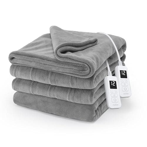 Sunbeam Electric Royal Luxe Microplush Heated Blanket, 12 Heat Settings, 12-Hour Auto Shut-Off, Fast Heating, Warm & Cozy, Machine Washable, Dove Gray Color, King (90" x 100")