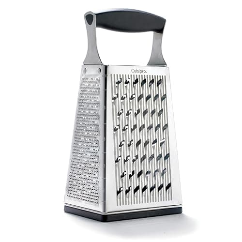 Cuisipro Stainless Steel Cheese Grater with Handle, 4 Sided Box Grater for Kitchen, Ginger Grater Dishwasher Safe, Fruit and Vegetables Slicer, Cheese Shredder for Potato, Chocolate, Parmesan, Ginger