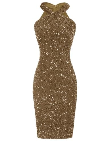 Women Short Prom Evening Sparkly New Year Eve Outfit Sequin Dress Brown Velvet Sequin XXL