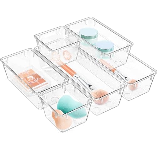 WOWBOX 6 Pack Clear Drawer Organizer Set, Acrylic Drawer Storage Trays, Storage Bins for Makeup, Cosmetics, Jewelries, Utensils, Gadgets, Office