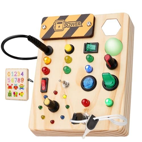 Sabdrau Montessori Busy Board Toys: Wooden Sensory Toy for Toddler with LED Light Up Switch, Educational/Christmas/Birthday Gifts for 1-3 Year Old Boys & Girls