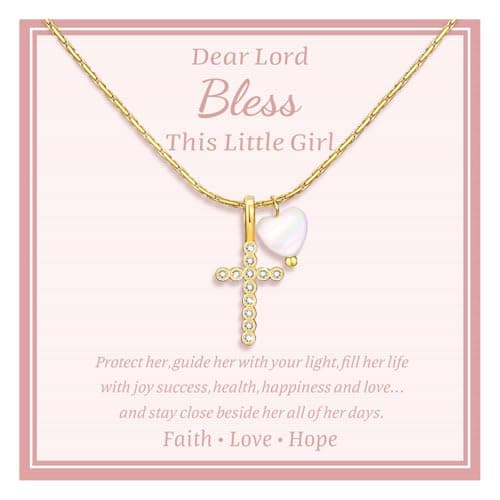 Delicate Cross Necklace for Girls : Gold Plated Pearl Heart Cubic Zirconia Cross Chain Necklace Christening Jewelry Baptism First Communion Confirmation Easter Gifts Teen Kids Little Girl