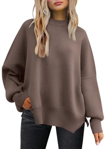 LILLUSORY Women's Oversized Batwing Sweaters 2024 Fall Outfits Crewneck Ribbed Knit Side Slit Trendy Pullover Tops Nutmeg L