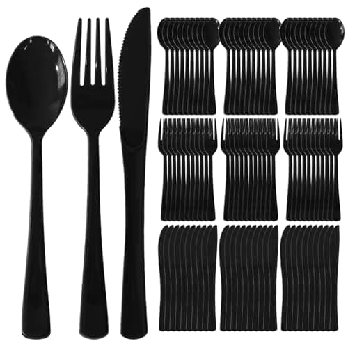 150 Pack Disposable Plastic Silverware, Heavy Duty Black Plastic Cutlery Set Includes 50 Forks 50 Knives 50 Spoons for Birthday Wedding Party Picnics (150, Black)