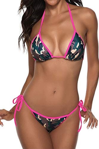 Women Two Piece Bikini Swimsuit Camouflage Swimwear Halter String Triangle Bikini Set camo M