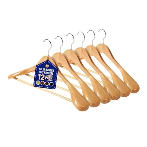 Lifemaster Solid Wooden Hanger Set - 12 Pieces Non-Slip Versatile Closet Space-Saving Hanger Set for Suit, Coat, Camisole, Jacket, Pants, and Dresses with 360° Swivel Hook