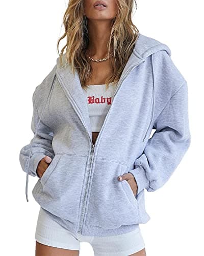 AUTOMET Womens Zip Up Hoodies Long Sleeve Fall Oversized Sweatshirts Fleece Y2K Jacket with Pockets 2024 Fashion Clothes Grey