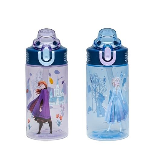 Zak Designs Disney Frozen Sage Kids Water Bottle For School or Travel, 16oz Durable Plastic Water Bottle With Straw, Handle, and Leak-Proof, Pop-Up Spout Cover, 2-Pack Set (Anna & Elsa)