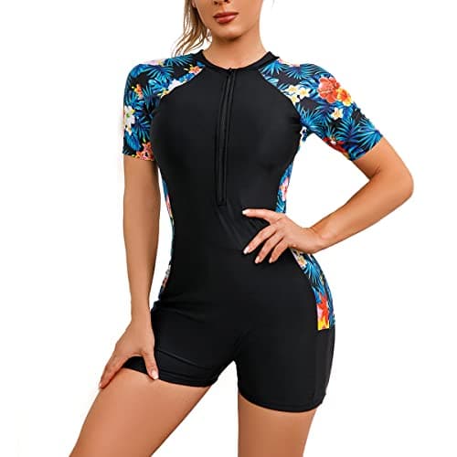 FYMNSI Rash Guard for Women Short Sleeve Swimsuits Zip Up Rashguard Shirts Boyleg Surf Board Shorts One Piece UV Sun Protection Swimwear Surfing Athletic Padded Bathing Suit UPF 50 Beachwear XL