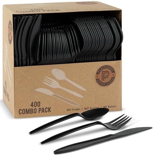 PLASTICPRO 400 Pack Disposable Plastic Utensils Assorted Colored Cutlery Combo Set Forks Spoons Knives Silverware, Black Plastic Cutlery for Parties