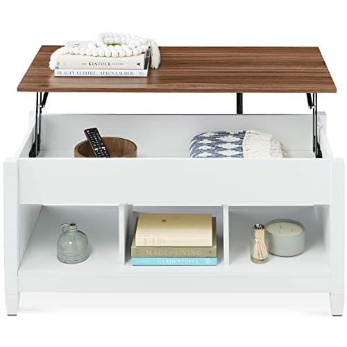 Best Choice Products Lift Top Coffee Table with Hidden Storage, Accent Table Furniture for Living Room, Display Shelves - White/Brown