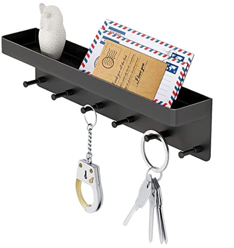 MKO Key Holder Wall Mount, Key Holder Wall Mount Adhesive with Mail Organizer Tray with 6 Key Hooks for Wall, Black