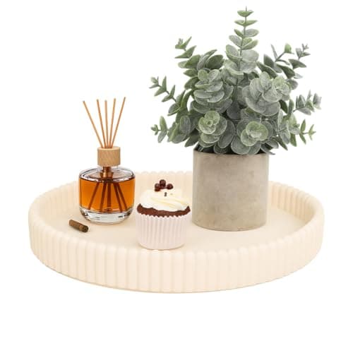 Osgevei 11.8in Decorative Tray for Coffee Table Decor- Beige Oval Concrete Tray for Home Decor- Scalloped Flat Modern Centerpieces Tray Decor for Living Room, Kitchen Dining Table, Entryway (Beige)