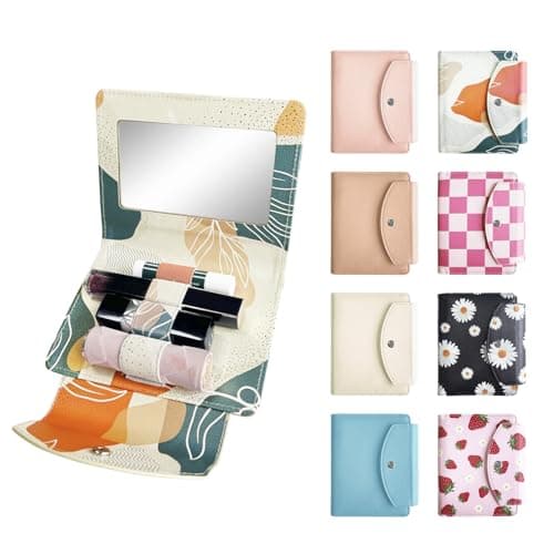 LAOTANGJIA PU Lipstick Case Holder with Mirror,Holds 4pcs of Long Lipsticks,Lipstick Holder,Makeup Travel Cases Organizer Bag for Outside Mini Bag Pouch,for Gift Women Girls