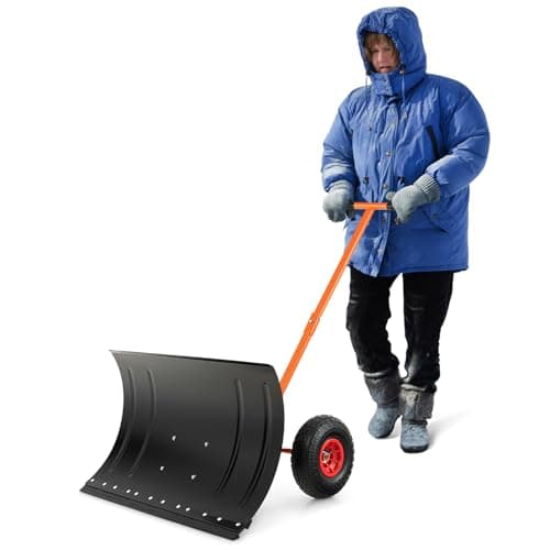 HAPPYGRILL 29" Snow Shovel with Wheels, Snow Shovel with Detachable Cleaning Strip, Adjustable Handle & Large Wheels for Enhanced Maneuverability, Light Weighted Hand Push Snow Plow