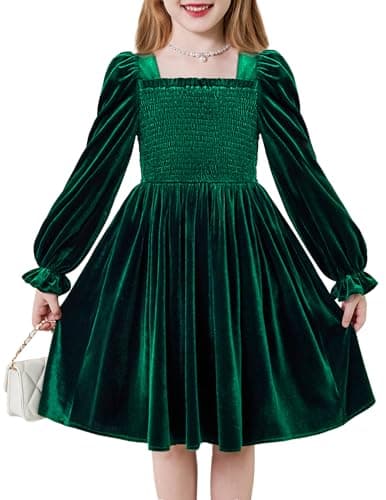 Arshiner Little Girls Velvet Dress Toddler Square Neck Puff Long Sleeve Cute Green Christmas Party Dresses 4-5 Y