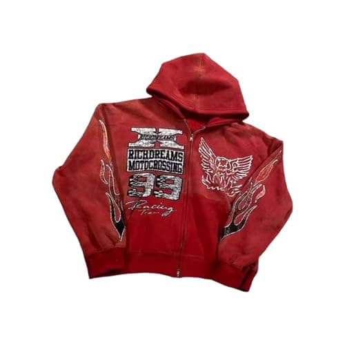 OANTGM Zip Up Hoodie Grunge Jackets Streetwear Y2k Unisex Emo Vintage 2000s Outerwear Oversized Graphic Hoodies Star Rapper Red