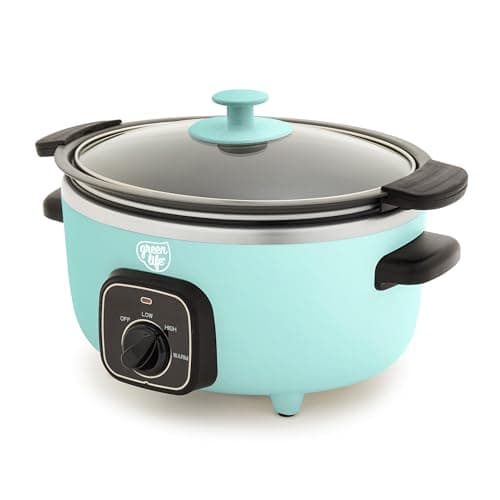 GreenLife 3.5QT Slow Cooker, PFAS-Free Non-Toxic Ceramic Nonstick Removable Interior Bowl, Programmable, Keep Warm, Stovetop & Oven Safe, Dishwasher Safe Crock, Glass Lid, Turquoise