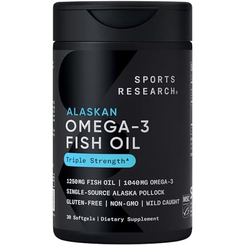 Sports Research® Omega-3 Fish Oil 1250 - Triple Strength Fish Oil Supplement from Wild Alaska Pollock - MSC Certified Sustainable · Non-GMO · Soy Free - 30 Softgel Capsules
