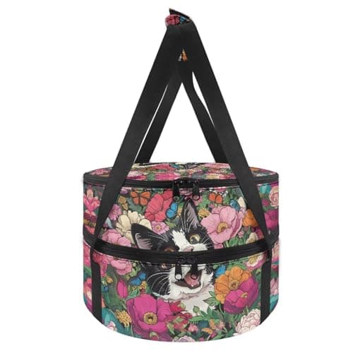 Qehuruxo Cat Flower Round Insulated Casserole Carrier Double Pie,Food Carriers for Hot or Cold Food Travel,Lunch Bag for Hot or Cold Food