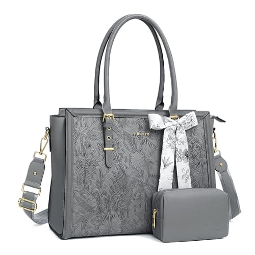 MOSISO Laptop Bag for Women, 17-17.3 inch PU Leather Tote Bag Compatible with MacBook, HP, Dell, Asus Notebook, Front Embossed Retro Hibiscus Computer Bags with Silk Scarf&Clutch Purse, Gray