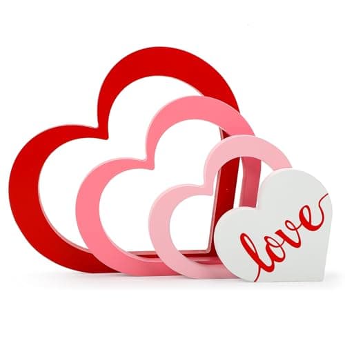 COCHIE Wooden Hearts Valentine's Day Decorations Indoor, Wood Heart Blocks Tiered Tray Decor Set of 4, Red Pink White Valentine Decoration for Table Desk Home Party Office Shelf Door (Solid Color)