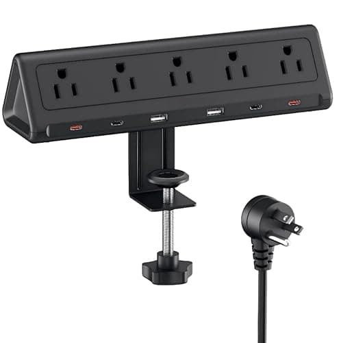 6.5 FT Desk Clamp Power Strip with 5 AC Outlets & 6 USB Ports PD 40W USB-C Fast Charging, 1250J Surge Protector, Fits 2.6 in top Edge Black