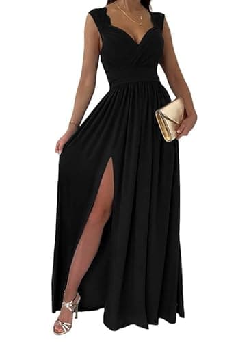 Dokotoo Womens Ladies Elegant Floor Length A Line Wrap Deep V Neck Backless Ruched Pleated Ruffled Split Long Maxi Formal Evening Party Prom Dress Bridesmaid Wedding Guest Dresses Black M