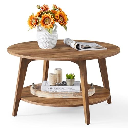 VASAGLE MAEZO Collection - Round Coffee Table, 2-Tier Center Table with Storage, Tapered Legs, Curved Transitions, 31.5 Dia. x 17.7 H Inches, Easy Assembly, for Living Room, Honey Brown ULCT243K41
