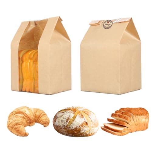 GRANDAN 25 Packs Large Paper Bread Bags for Homemade Bread, Kraft Paper Bakery Bags with Window for Sourdough Toast Packing Storage, Baked Loaf Gifting Bag Bonus Label Seal Stickers 12.6x8.3x4.0 inch