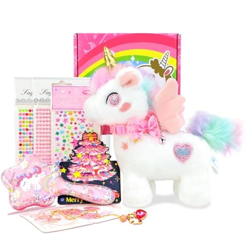 KODEIPLAY Unicorn Gift Set for Little Girls Age3-5 6-8,Dress Up Birthday Toys Gifts Set with Plush Toy,Necklace,Comb,DIY Stickers.for Christmas,Easter Gifts (Cute)