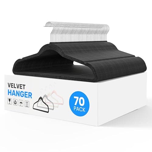 Simple Deluxe 70 Pack Velvet Hangers, Non-Slip Felt Hangers with Shoulder Notches, Space Saving Heavy Duty Clothes Hangers for Coat, Pants, Suit, Sweater, Black