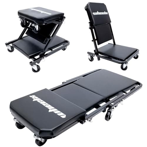 WheelX Mechanic Creeper 36 inches 3-in-1 Mode Z Seat 340lbs Capacity, Foldable Garage Adjustable Rolling Folding with 6pcs Wheels Roller, Lay Down Sit Lean Back, Under Car Auto Repair, Black, Man Gift