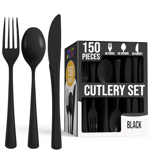 Party Solids Black Plastic Silverware Heavy Duty 150 Pieces Black Disposable Silverware Heavy Duty, Utensil Sets, 50 Of Each Forks, Knives & Spoons Disposable Cutlery Set For Party Supplies