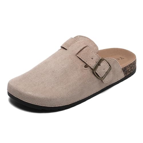 DDXYYDS Suede Clogs Men & Women Unisex Leather Mules Soft Cork Footbed Adjustable Buckle Slip Sandals Potato Shoes with Arch Support Beige