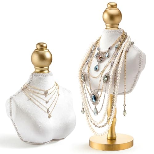 AceOrbit 2 Pcs Vintage Velvet Necklace Display Stand 2 Different 13.8/6.65 Inches Size Velvet Jewelry Necklace Mannequin Holder Elegant Decor for Wedding Jewelry Selling Trade Shows(White)