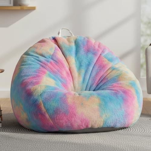 Faux Rabbit Fur Bean Bag Chair Cover Only (No Filler), Stuffed Animal Storage Bean Bag Cover, Ultra‑Soft, Washable, Zippered, Non‑Slip Bottom, Handle,Living Room Furniture for Adults Rainbows