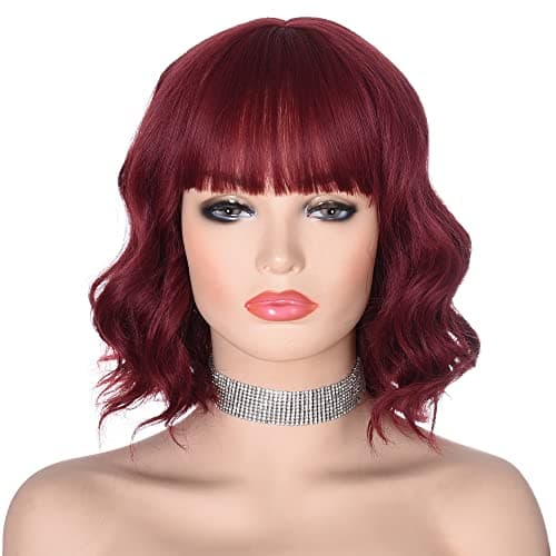 AMZCOS Red Wig with Bangs for Women 12 Inch Short Red Wigs for Womens Daily Wear (Wine Red)