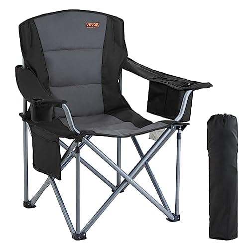 VEVOR Oversized Camping Folding Chair, Portable Heavy Duty Outdoor Quad Lumbar Back Padded with Side Pockets, Cup Holder and Cooler Bag for Beach, Lawn, Picnic, Fishing, Backpacking, Black