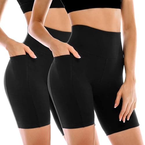 Leafigure 2 Pack Womens Biker Shorts with Pockets, High Waisted Tummy Control Yoga Shorts for Women Running Gym and Workout Black L-XL