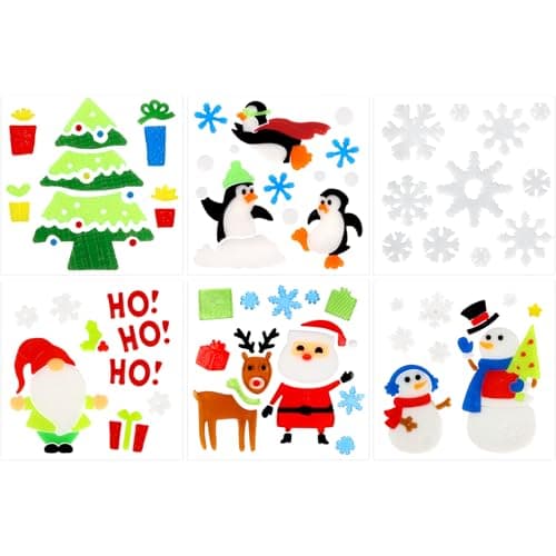 Adecortalk 6 Sheet Christmas Gel Window Clings Reusable Santa Claus Snowman Snowflake Elk Xmas Tree Gift Thick Gel Clings Christmas Window Stickers for Glass Home Decor Indoor Xmas Decor