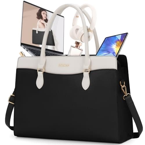 RAINSMORE Laptop Bag for Women 15.6 Inch Waterproof PU Leather Work Tote Bags Large Laptop Purse for Women Professional Womens Briefcase Computer Bags for Business Office Teacher, Black & White