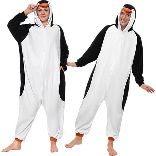 Spooktacular Creations Adults Unisex Pajama, Penguin Hooded Jumpsuit Costume with Hat, Penguin Zip-Up Hooded Sleepwear for Halloween Cosplay Costume,S