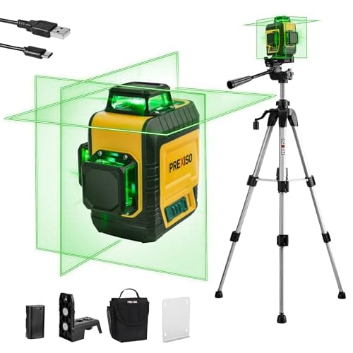 PREXISO 3 X 360° Laser Level with Tripod - Rechargeable 82Ft Cross Line Leveler, Green Line Laser Level Self Leveling for Construction, Tile, Home Renovation with Magnetic Base, Iron Plate, Bag