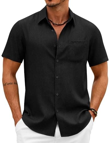 COOFANDY Mens Linen Shirt Button Down Short Sleeve Shirt Wrinkle Free Linen Shirt with Pocket Black