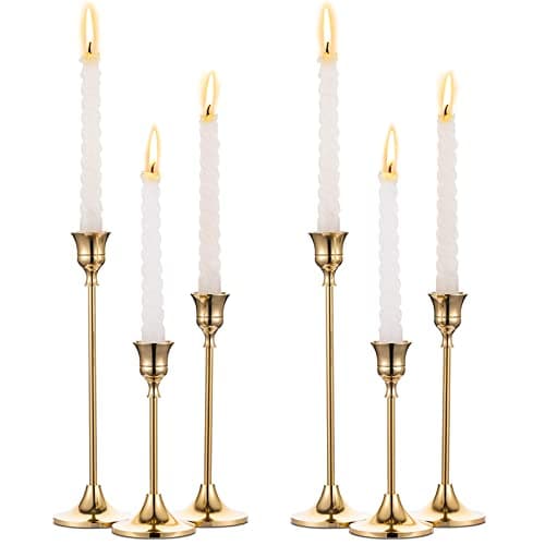 2 Sets(6 Pcs) Brass Gold Metal Taper Candle Holders Candlestick Holders, Vintage Modern Decorative Centerpiece Candlestick Holders for Table Mantel Wedding Housewarming Gift