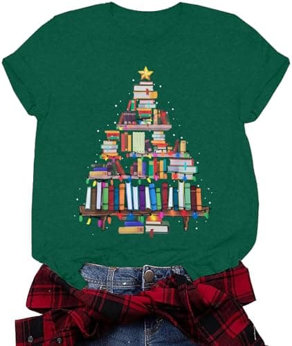 Best Christmas T-Shirts #3 from FASHGL Christmas Shirts for Women Christmas Books Tree T-Shirt Santa Holiday Short Sleeve Tops Xmas Graphic Print T Shirt Green