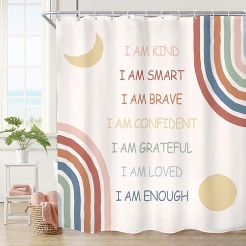 Imirell Kids Boho Rainbow Inspirational Quotes Shower Curtain 60Wx72H Inches Abstract Motivational Positive Teen Girls Women Pink Muted Moon Sun Fabric Waterproof Polyester with 12 Pack Hooks Plastic